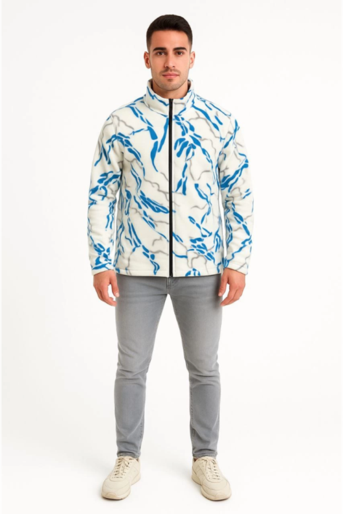 Erkek Tam Fermuarlı Desenli Polar Sweat  Lightning Desen Yakalı, Uzun Kollu, Oversize Rahat Kalıp - Beyaz