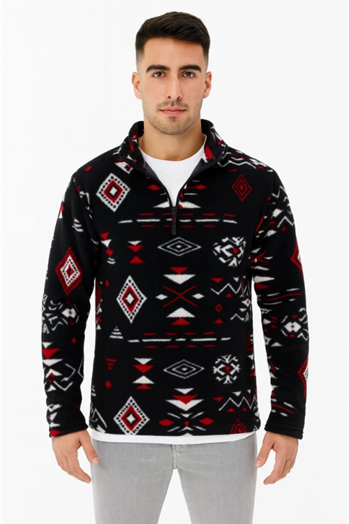 Erkek Yarım Fermuarlı Desenli Polar Sweat Tribal Etnik Desen Yakalı, Uzun Kollu, Oversize Rahat Kalıp, - Siyah