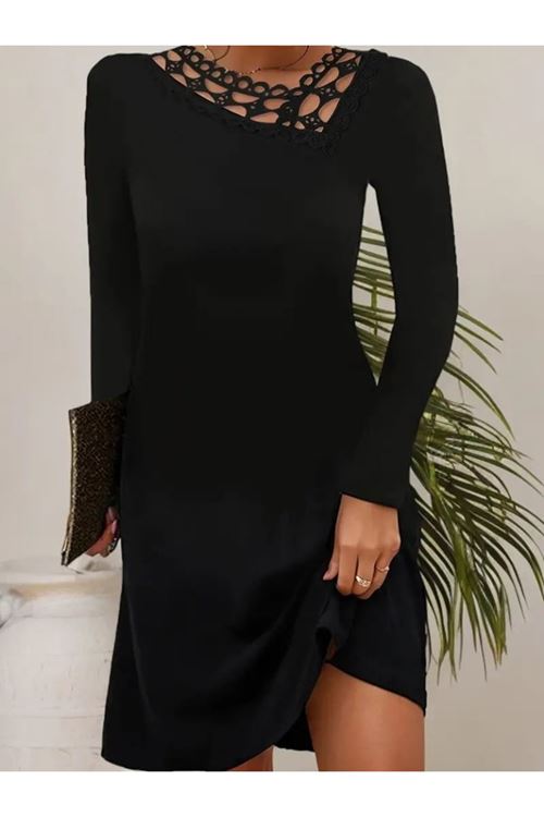 Kadın Uzun Kollu Dantel Yaka Ithal Krep Mini Elbise