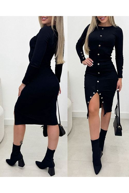 Kadın Uzun Kollu Yırtmaçlı Düğme Detaylı Midi Kaşkorse Elbise