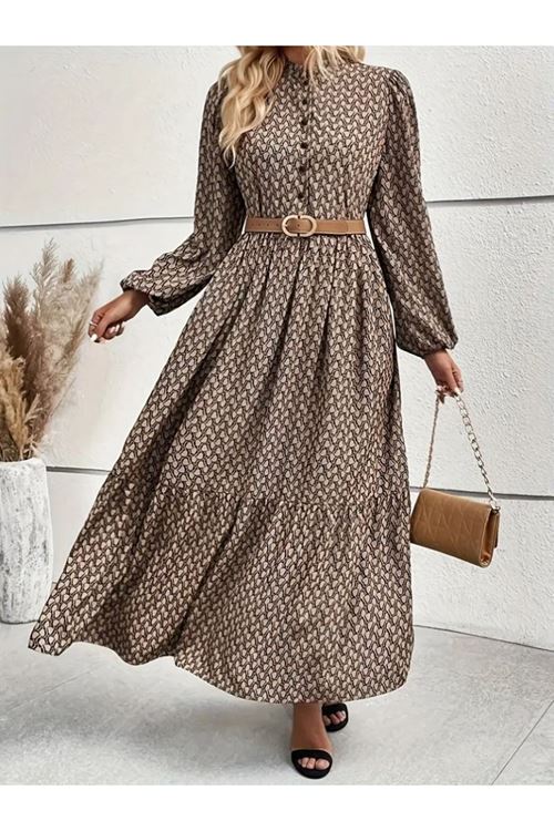 Kadın Uzun Kollu Hakim Yakalı Düğmeli Kemersiz Desenli Maxi Süprem Elbise