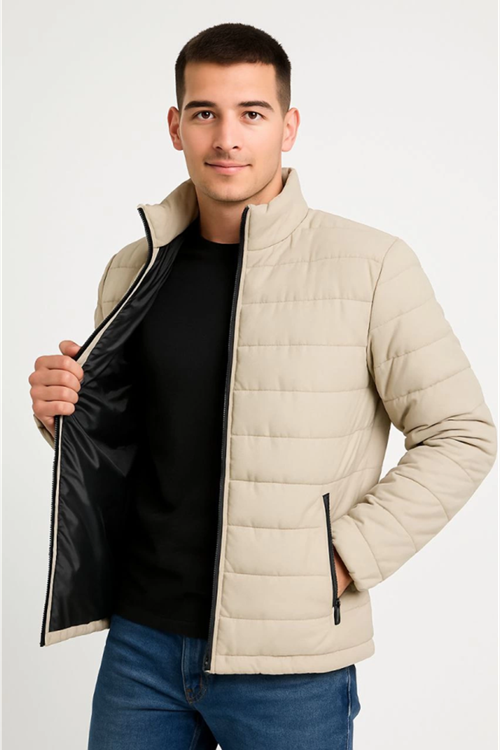 Erkek Bomber Mont Ceket – Su İtici Kumaş, Kapitone Astarlı, Fermuarlı, Kışlık - Bej