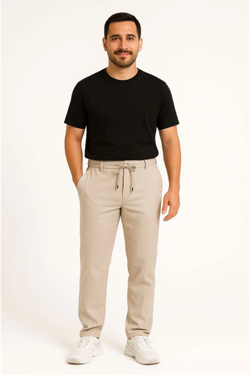 Erkek Diagonel Mikro Dokulu Cepli Pantolon - Bej