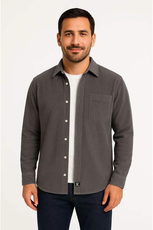 Erkek Fitilli Kadife Cepli Gömlek Oversize Rahat Kalıp - Füme
