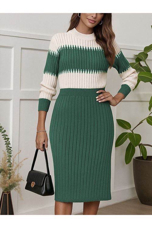 Kadın Uzun Kollu Triko Etekli Takım