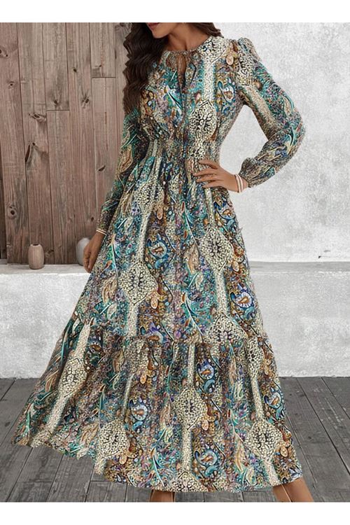 Kadın Uzun Kollu Uakadabağcıklı Beli Lastikli Desenli Uzun Süprem Elbise