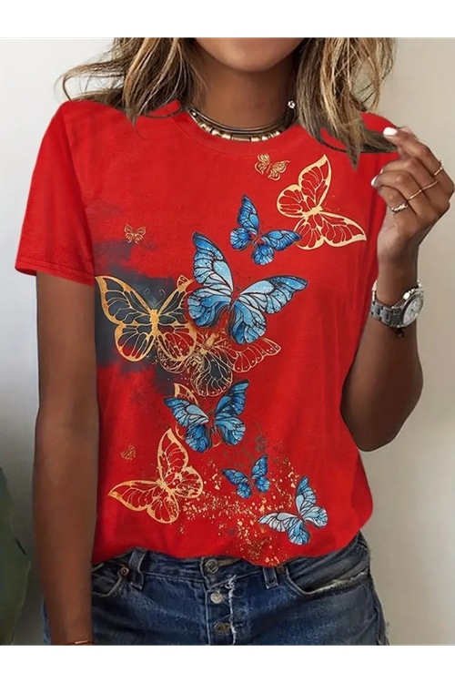 Kadın Kısa Kollu Mavi Sarı Kelebek Baskı Süprem Bluz