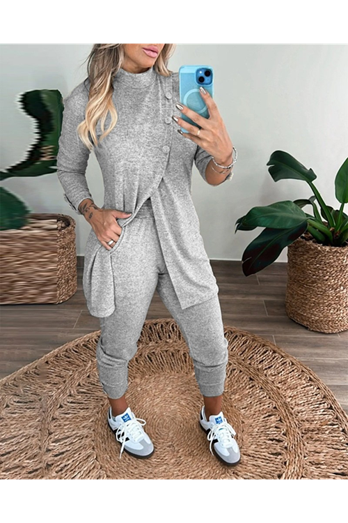 Kadın Uzun Kollu Balıkçı Yaka önden Düğmeli Bluz Ve Pantolon Yumoş Ikili Takım