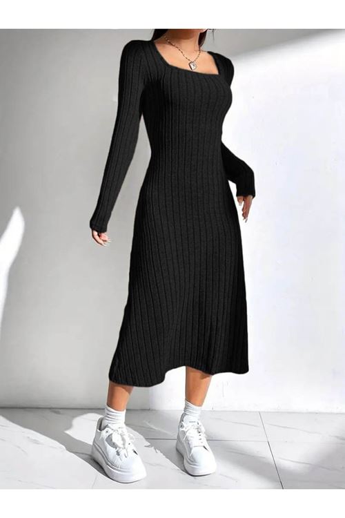 Kadın Uzun Kollu Kare Yakalı Midi şardonlu Kaşkorse Elbise