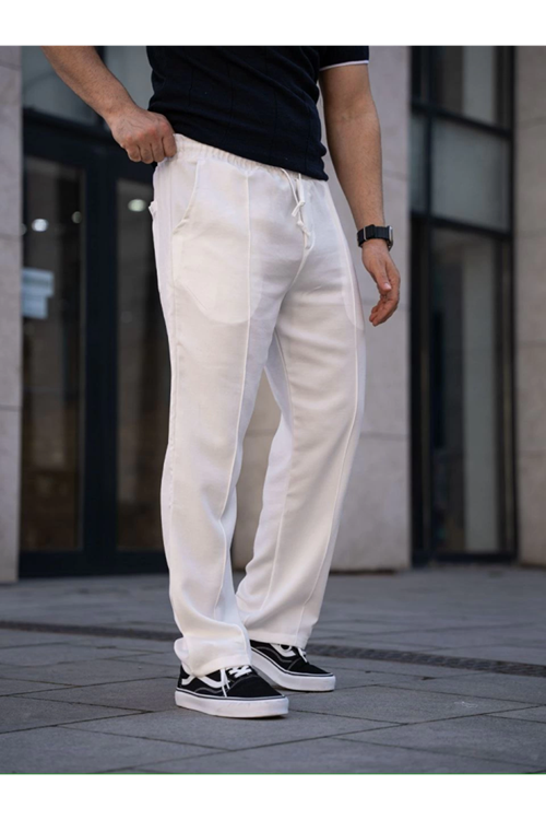 Erkek Keten Cepli Çıma Dikişli Jogger Buggy Pantalon Rahat Kalıp - Beyaz