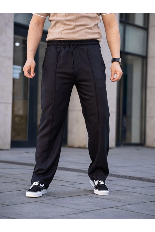 Erkek Keten Cepli Çıma Dikişli Jogger Buggy Pantalon Rahat Kalıp - Siyah