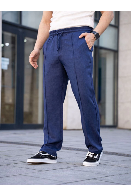 Erkek Keten Cepli Çıma Dikişli Jogger Buggy Pantalon Rahat Kalıp - Lacivert