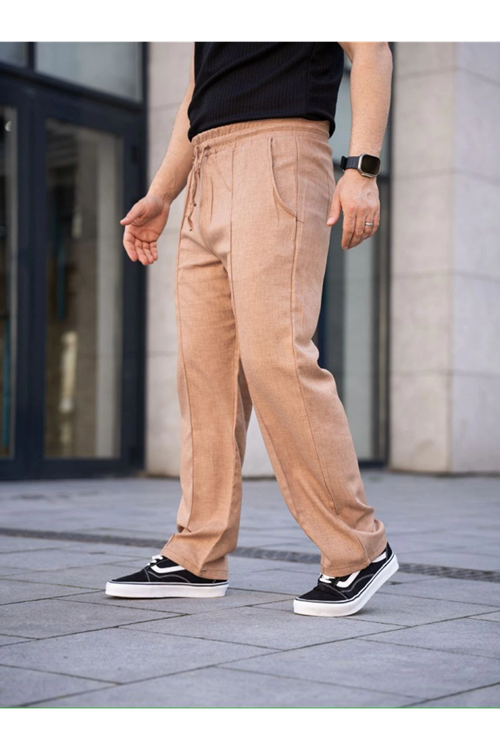 Erkek Keten Cepli Çıma Dikişli Jogger Buggy Pantalon Rahat Kalıp - Kahverengi