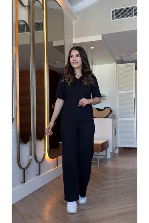 Kadın Kısa Kollu Yakalı Viskon Iki Iplik Bluz Ve Pantolon Ikili Takım