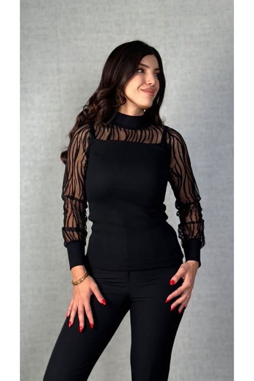 Kadın Uzun Kollu Bisiklet Yaka Kolları Tül Detay Kaşkorse Kumaş Bluz