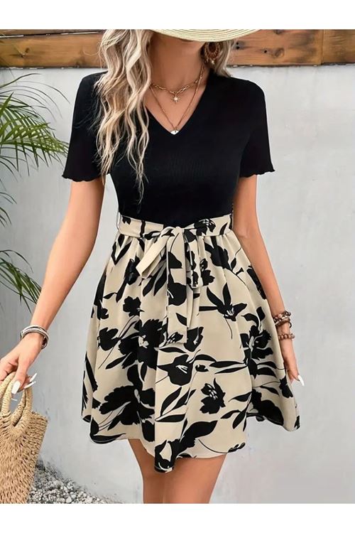 Kadın Kısa Kollu V Yakalı Belden Kuşaklı çiçek Desenli üst Viskon Alt Süprem Elbise