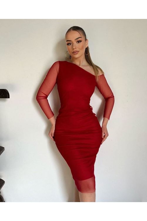 Kadın Kolları Tül Detay Omuz Dekolteli Diz üstü Kalem Elbise
