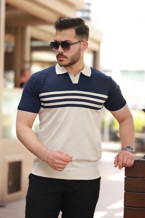 Erkek çizgi Desenli Yakalı Kısa Kollu T-shirt