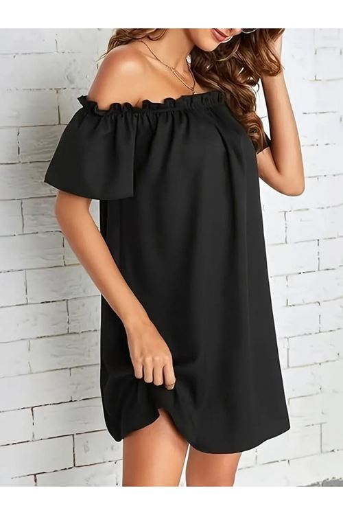 Kadın Kısa Kollu Fırfır Detay Madonna Yaka Mini Ithal Krep Elbise