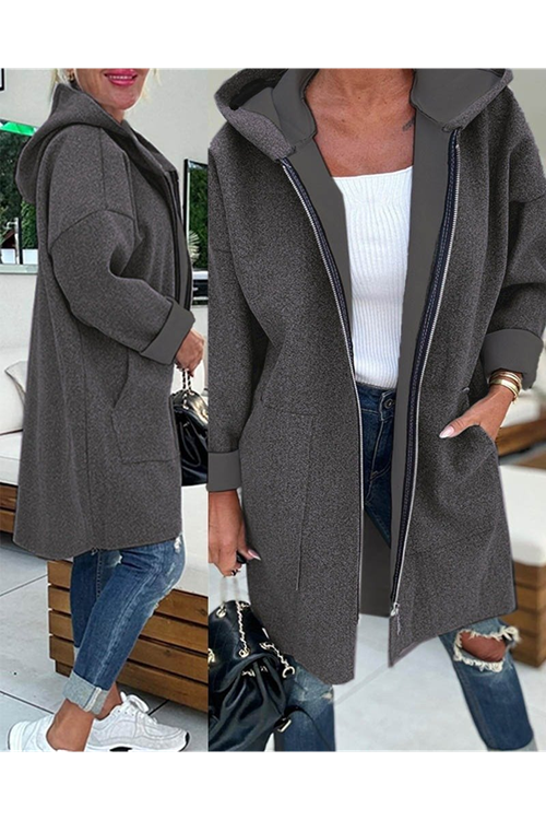Kadın Uzun Kollu Kapşonlu Fermuar Detaylı Cepli Uzun üç Iplik Ceket