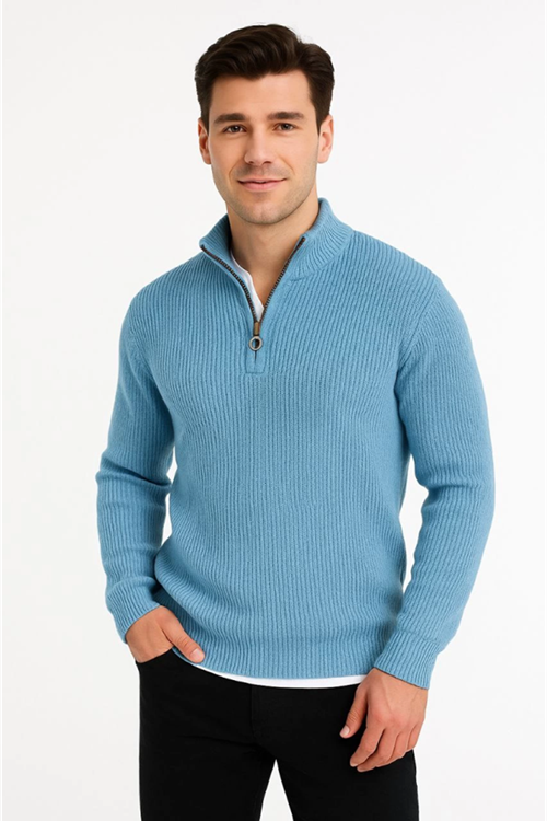 Erkek Yarım Fermuarlı Triko Kazak – Selanik Örgü, Dik Yaka, Pamuklu Dokuma, Regular Fit Uzun Kollu Kışlık Model - Bebe Mavisi