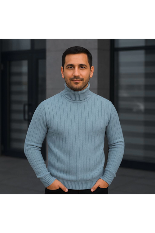 Erkek Balıkcı Yaka Bağazlı Triko Kazak Pamuklu Kalın Fitilli Dokuma, Regular Fit Uzun Kollu Kışlık Model - Bebe Mavisi