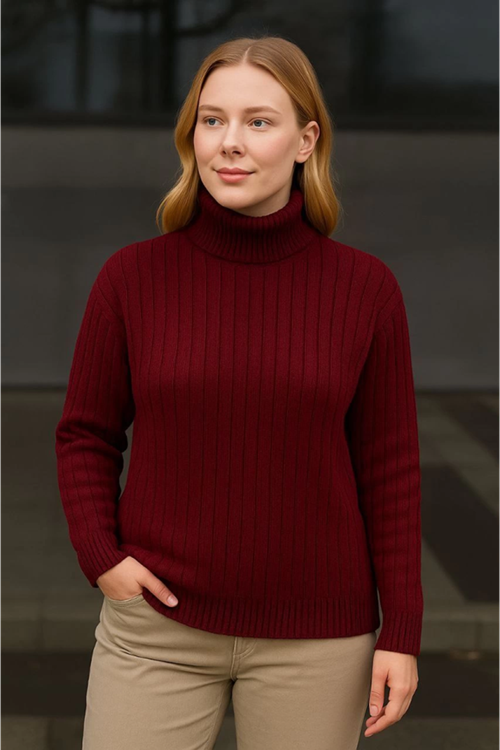 Balıkcı Yaka Bağazlı Triko Kazak Pamuklu Kalın Fitilli Dokuma - Bordo