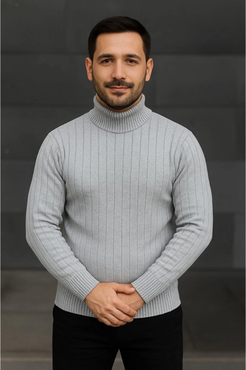 Erkek Balıkcı Yaka Bağazlı Triko Kazak Pamuklu Kalın Fitilli Dokuma, Regular Fit Uzun Kollu Kışlık Model - Gri