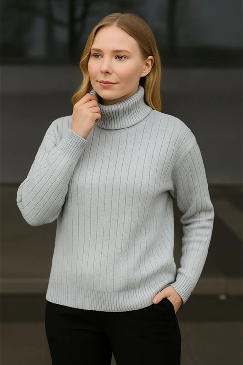 Balıkcı Yaka Bağazlı Triko Kazak Pamuklu Kalın Fitilli Dokuma - Gri