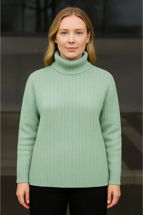 Balıkcı Yaka Bağazlı Triko Kazak Pamuklu Kalın Fitilli Dokuma - Mint Yeşili