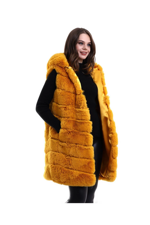 Kapşonlu Peluş Kürk Yelek Premium Kalite, Tam Astarlı, Uzun Model - Sarı