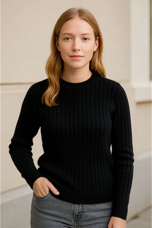 Bisiklet Yuvarlak Yaka Triko Kazak Pamuklu Kalın Fitilli Dokuma, Regular Fit Uzun Kollu Kışlık Model - Siyah