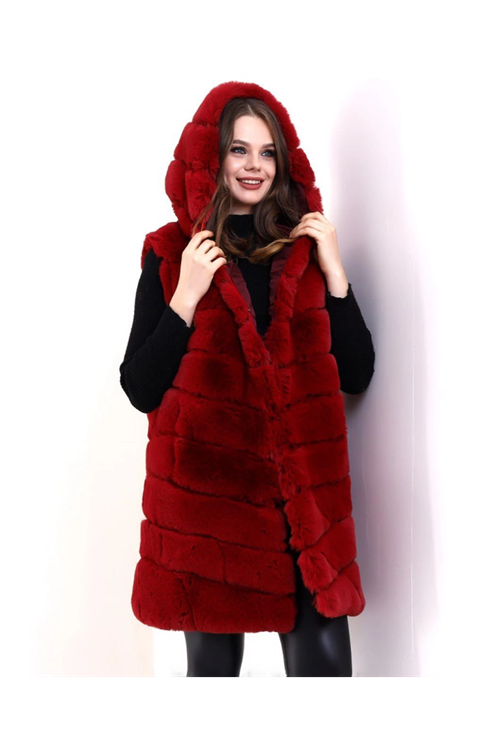 Kapşonlu Peluş Kürk Yelek Premium Kalite, Tam Astarlı, Uzun Model - Kırmızı