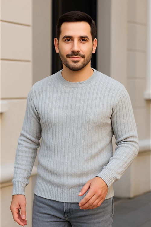 Erkek Bisiklet Yuvarlak Yaka Triko Kazak Pamuklu Kalın Fitilli Dokuma, Regular Fit Uzun Kollu Kışlık Model - Gri