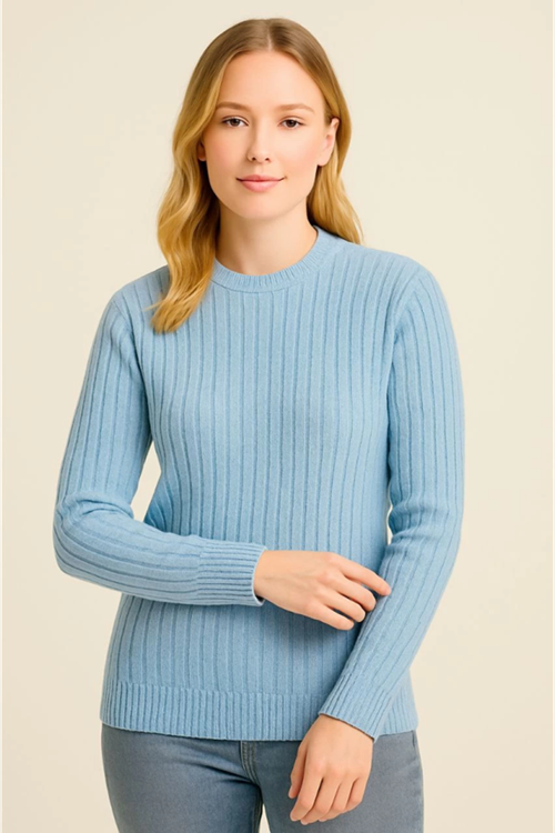 Bisiklet Yuvarlak Yaka Triko Kazak Pamuklu Kalın Fitilli Dokuma, Regular Fit Uzun Kollu Kışlık Model - Bebe Mavisi