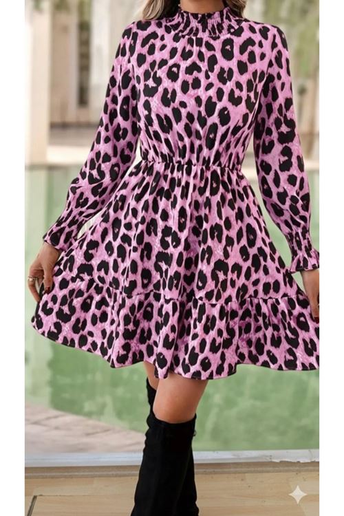 Kadın Uzun Kollu Yarı Balıkçı Yaka Leopar Desenli Modal Mini Elbise