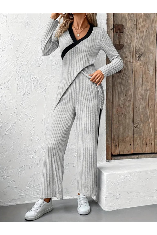 Kadın Uzun Kollu V Yakalı çapraz Detaylı şardonlu Kaşkorse Bluz Ve Pantolon Ikili Takım