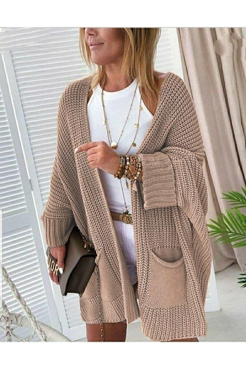 4Oversize Kalıp Cepli Salaş Triko Hırka BEJ