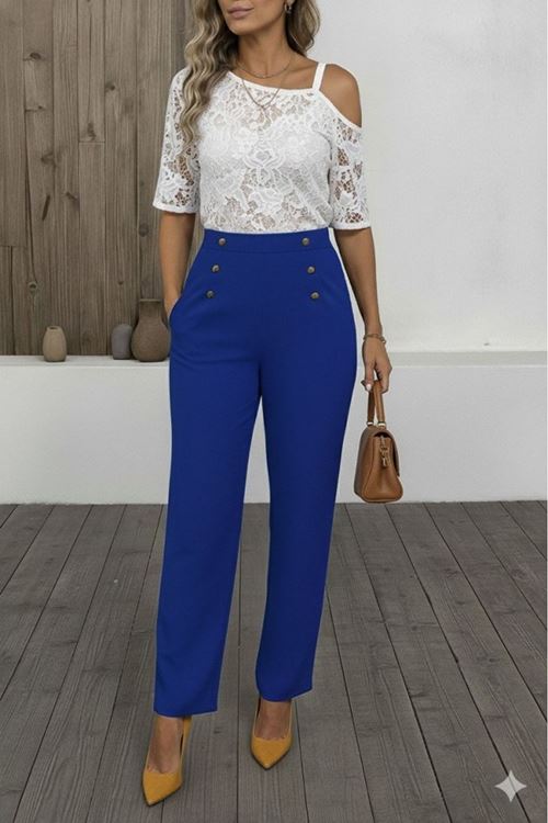 Kadın Düğme Detay Bol Paça Ithal Krep Pantolon