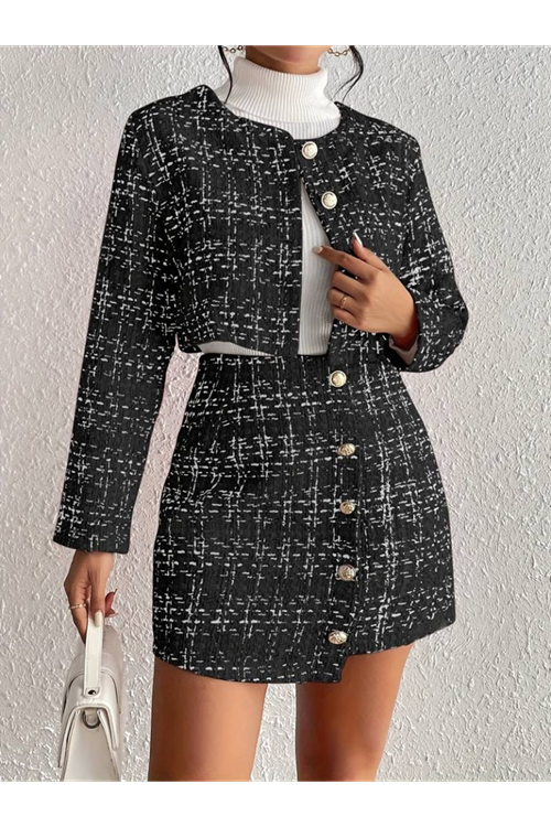 Kadın Uzun Kollu önü Düğmeli şanel Ceket Ve Etek Takım