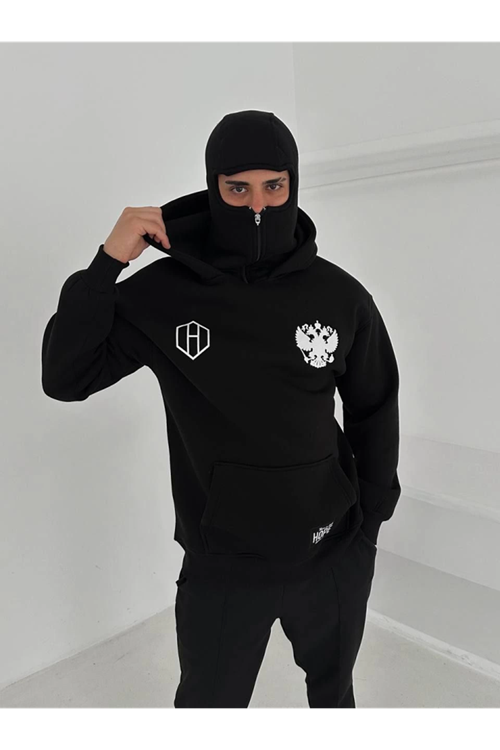 Samuray Ninja Çift Kapşonlu ZIP Fermuarlı Kanguru Çepli Tam Fermuarlı Hoodie ön Ve Arka Baskılı Maske Detaylı Swetshirt - Siyah
