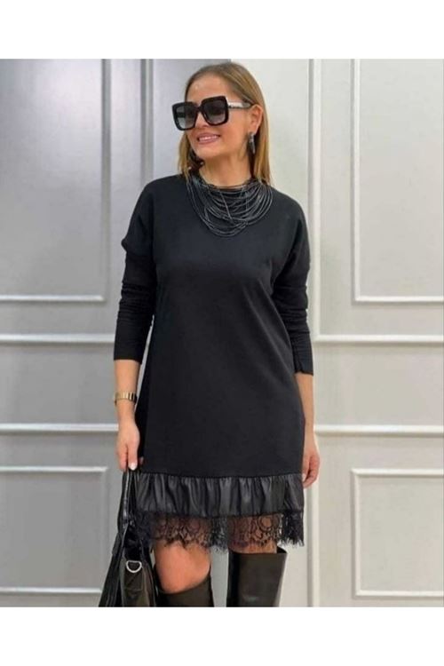 Kadın Uzun Kollu Bisiklet Yaka Etek Ucu Deri Dantelli Viskon Iki Iplik Midi Elbise