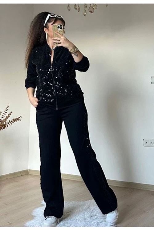 Kadın Uzun Kollu Pul Payet Detay Fermuarlı Iki Iplik Kumaş Ikili Takım