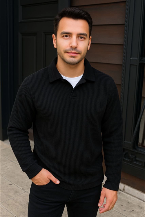 Erkek Fitilli Polar Sweatshirt – Düğmesiz Polo Yaka, Oversize Rahat Kalıp, Kalın Polar Kumaş, Kışlık Ve Baharlık Şık Günlük Üst - Siyah