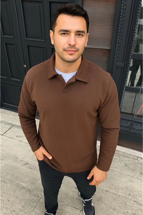 Erkek Fitilli Polar Sweatshirt – Düğmesiz Polo Yaka, Oversize Rahat Kalıp, Kalın Polar Kumaş, Kışlık Ve Baharlık Şık Günlük Üst - Kahverengi