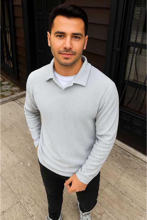 Erkek Fitilli Polar Sweatshirt – Düğmesiz Polo Yaka, Oversize Rahat Kalıp, Kalın Polar Kumaş, Kışlık Ve Baharlık Şık Günlük Üst - Gri
