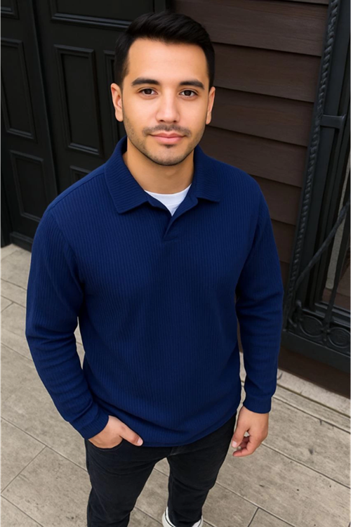 Erkek Fitilli Polar Sweatshirt – Düğmesiz Polo Yaka, Oversize Rahat Kalıp, Kalın Polar Kumaş, Kışlık Ve Baharlık Şık Günlük Üst - Lacivert