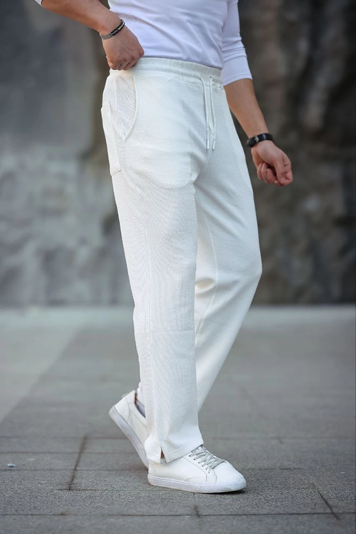 Erkek Paça Yırtmaçlı Burgu Selanik Dokulu Jogger Buggy Pantalon Rahat Kalıp - Beyaz