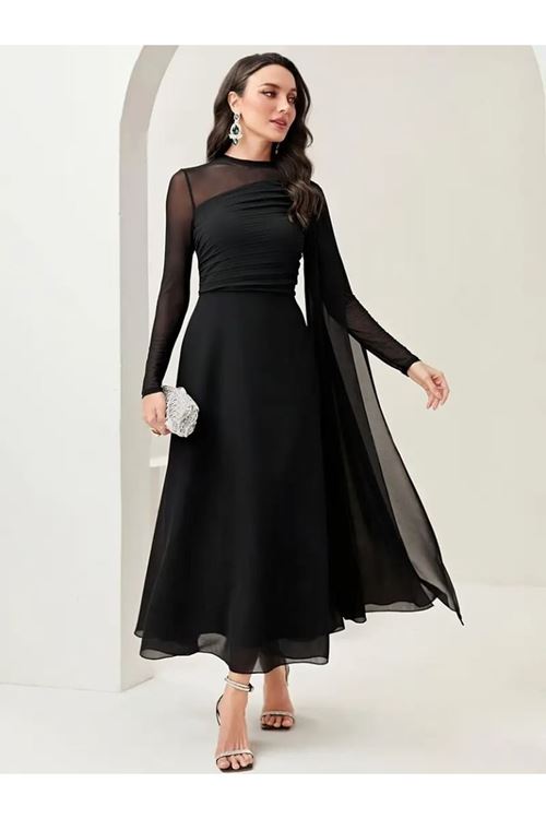 Kadın Uzun Kollu Yarı Balıkçı Yaka Tül Detaylı Uzun Sandy Elbise