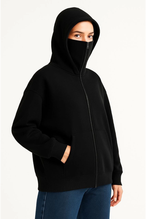 Samuray Ninja Çift Kapşonlu ZIP Fermuarlı Kanguru Çepli Hoodie Maske Detaylı Swetshirt - Siyah